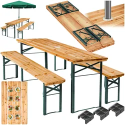 tectake® Bierzeltgarnitur, 3-teilig, klappbar, mit Sonnenschirmhalterung, beschichtetes Stahlgestell mit soliden Scharnieren, Holzlackierung mit Klarlack