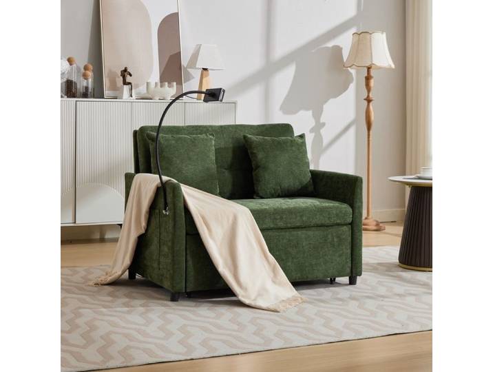 Canapé-lit - MINIMAL - Pliable Simple - 1 place - Tissu lin brossé vert - Port USB et support tablette