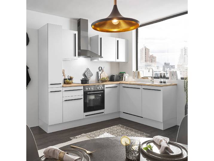 Cuisine d'angle 250cm Blanc/Blanc mat Sans électroménager