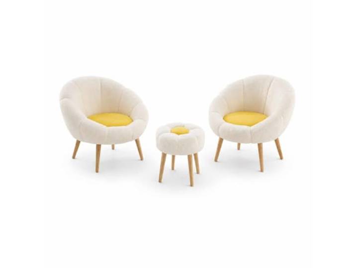 Hanah Home Elegant Wing Chair & Pouffe Set (3 Pieces), White & Yellow, 100% Wellssoft Fabric, 18mm Melamine Board Perfect for Cozy Living Spaces