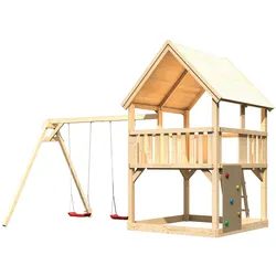 Akubi Kinderspielturm Luis mit Doppelschaukelanbau inkl. Netzrampe naturbelassen
