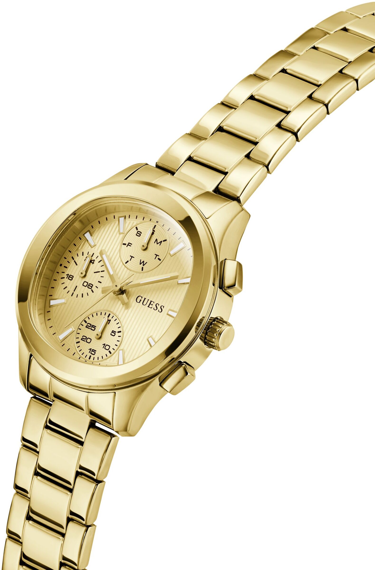 Multifunktionsuhr GUESS "BIRDIE", goldfarben, Armbanduhren, Damen, Quarzuhr, Armbanduhr, Damenuhr, Edelstahlarmband, analog, Wochentag