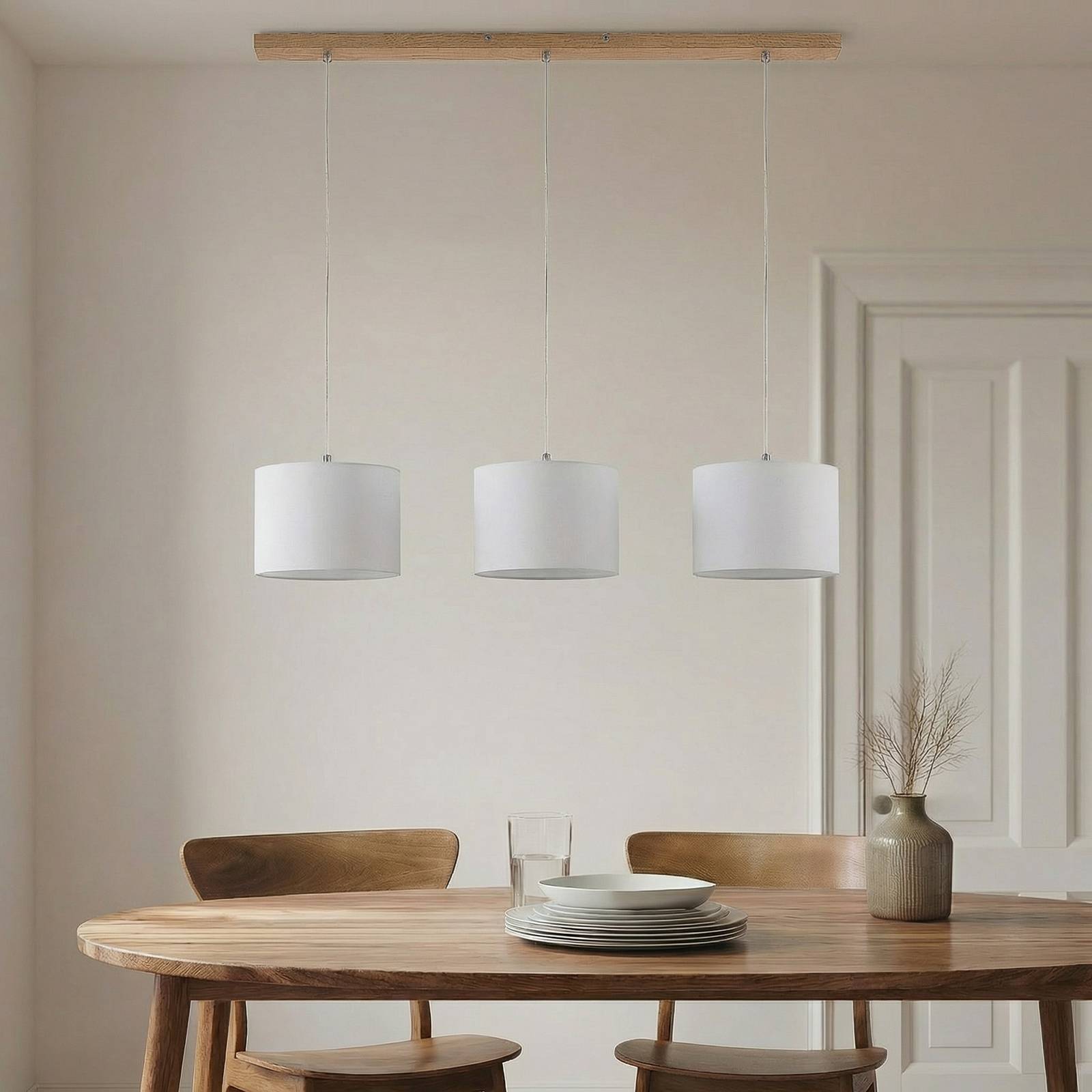 Hängelampe Imarin Lindby, dimmbar, Holz hell, für Wohn- / Esszimmer, Textil / Stoff / Seide, Modern, Pendelleuchte