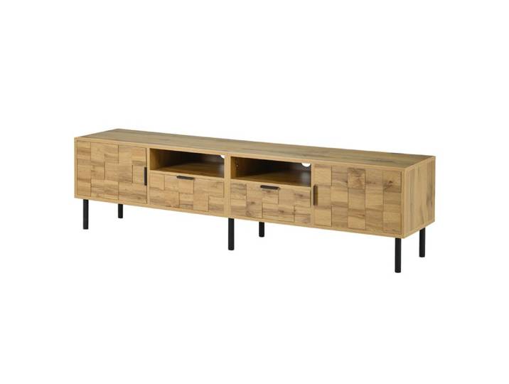 Meuble TV portes doubles et tiroirs doubles finition imitation bois pieds en métal 2 étagères ouvertes