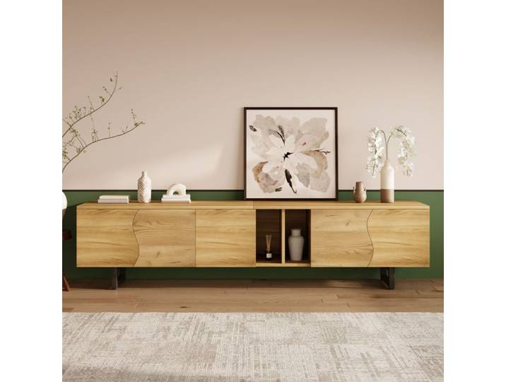 Meuble TV 5 portes Meuble TV en bois 191x38x46.5 cm 2 Compartiments ouverts Meuble TV bas de salon Meuble TV industriel
