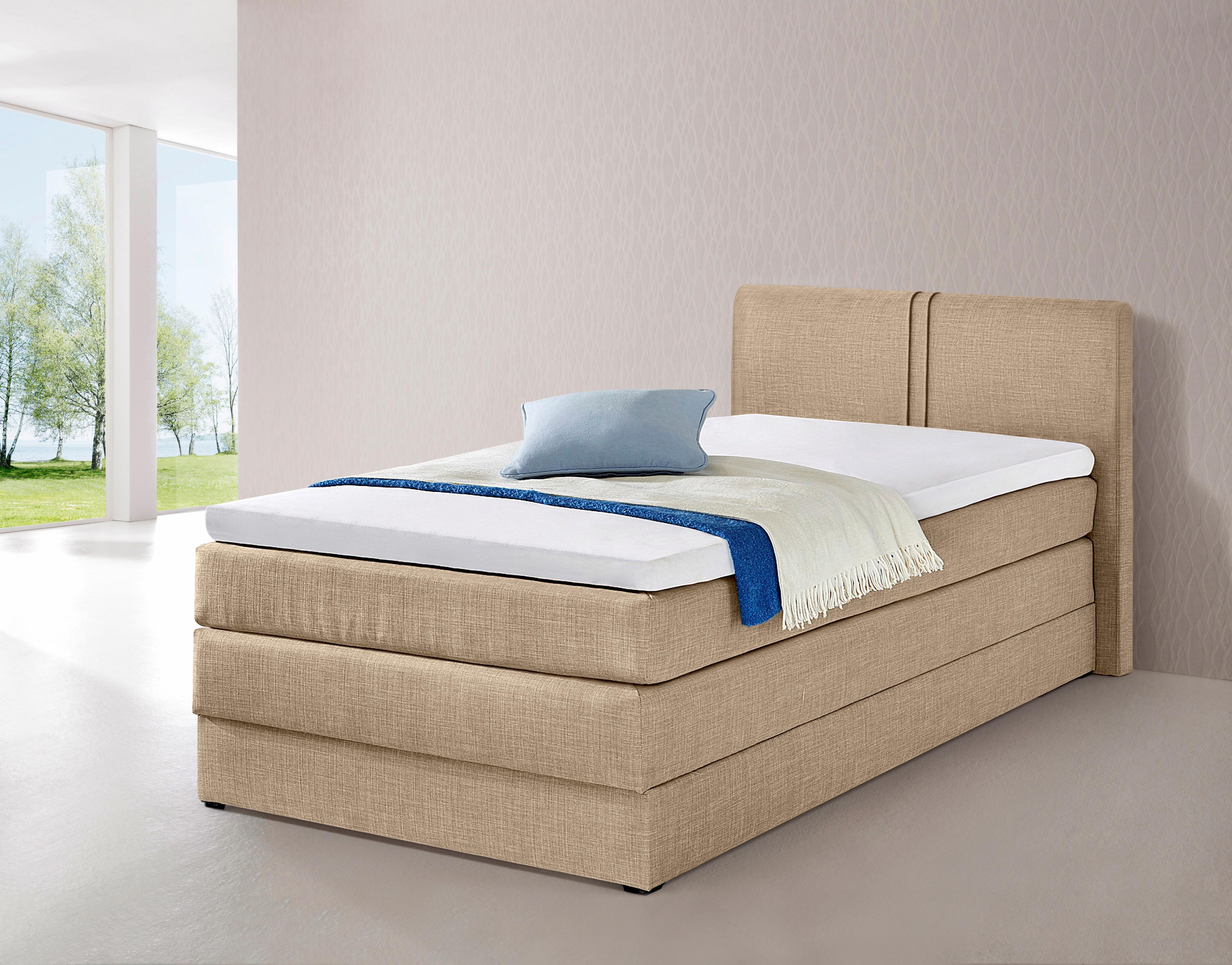 Boxspringbett HAPO, beige (beige, strukturstoff), Liegefläche B/L: 100cm x 200cm, kein Härtegrad, Bonnell-Federkernmatratze, Kopfteil, seitliche Unterbox und Obermatratze sind mit pflegeleichtem Feinstrukturstoff in Leinenoptik (100% Polyester) oder Kunst