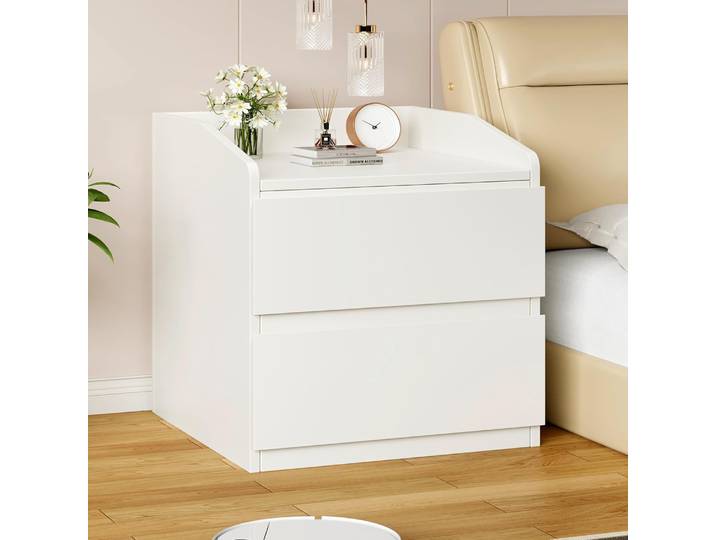 Table de chevet avec 2 tiroirs, table d'appoint moderne blanche avec tiroirs sans poignée, table de chevet, canapé au côté du blanc