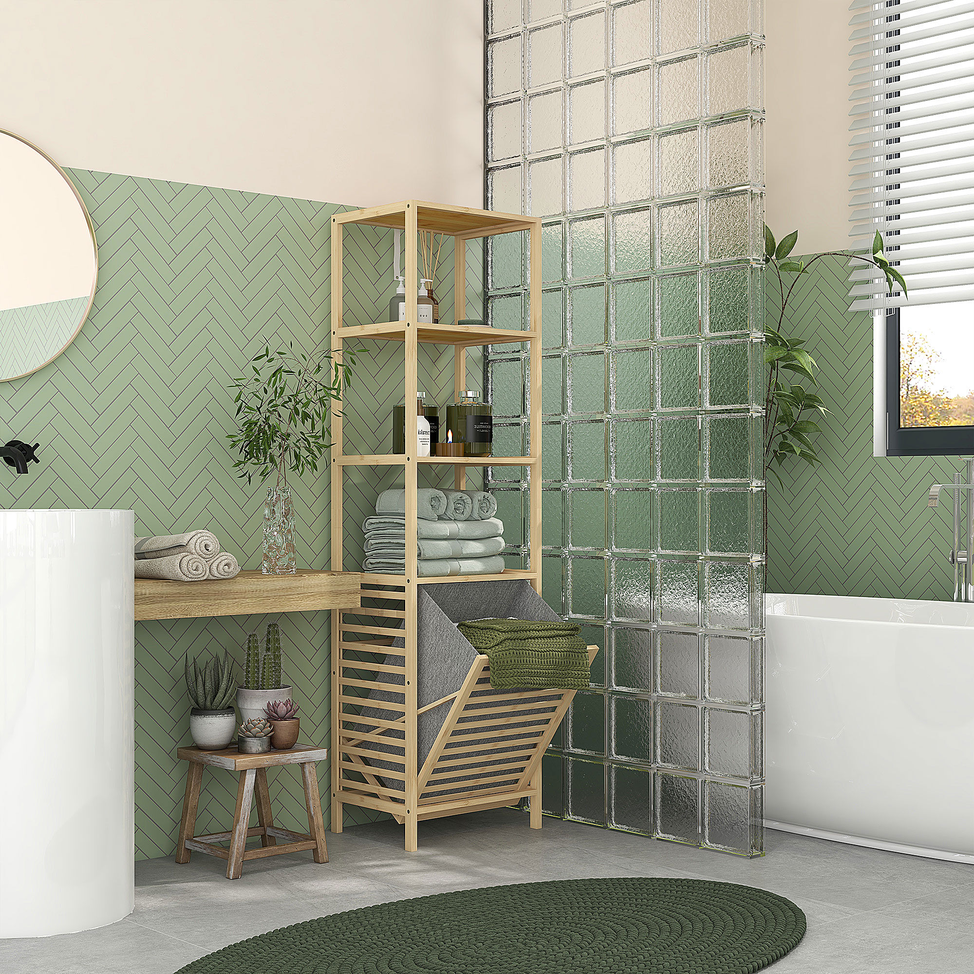 Altro Colonna Bagno Con 3 Ripiani In Legno Di Bambù E Cesto Portabiancheria In Tessuto, 44x33x160cm