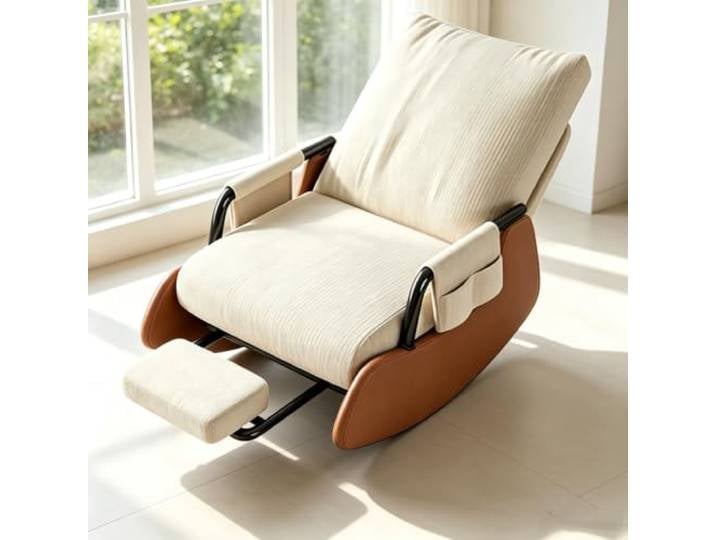 Schaukelstuhl Wohnzimmer mit Ausziehbarer Fußstütze Ergonomischer Schaukelstuhl mit ausziehbarer Fußstütze und Seitentasche für tägliche Entspannung.