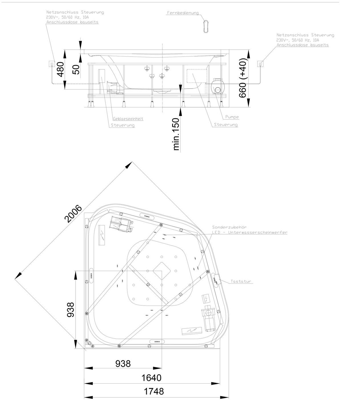 Hoesch Ergo+ Eck Whirlpool 164 x 164 cm mit Kombi System