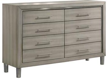 Benjara Levy 64 Inch Wide Dresser, 8 Drawers, Silver Trim, Ash Gray Laminate Wood