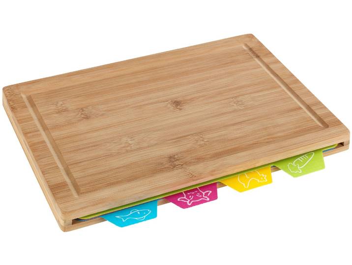 Schneidebrett WENKO Modell Bella , bunt (braun, bunt), B:22,5cm H:2,3cm L:32,5cm, Bambus, Polypropylen, Schneidebretter, Schneidebrett, Küchenbrett mit Saftrille, inkl. 4 einzeln entnehmbaren Schneidematten
