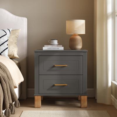 Mid-Century Modern 2 Drawer Nightstand with Fluted Design Solid Wood Legs and Metal Handles by GDFStudio
