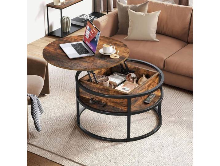 YITAHOME Table basse ronde 80x80cm relevable - vérin 100N - plateau P2 - rangement caché - cadre métal - charge 35kg