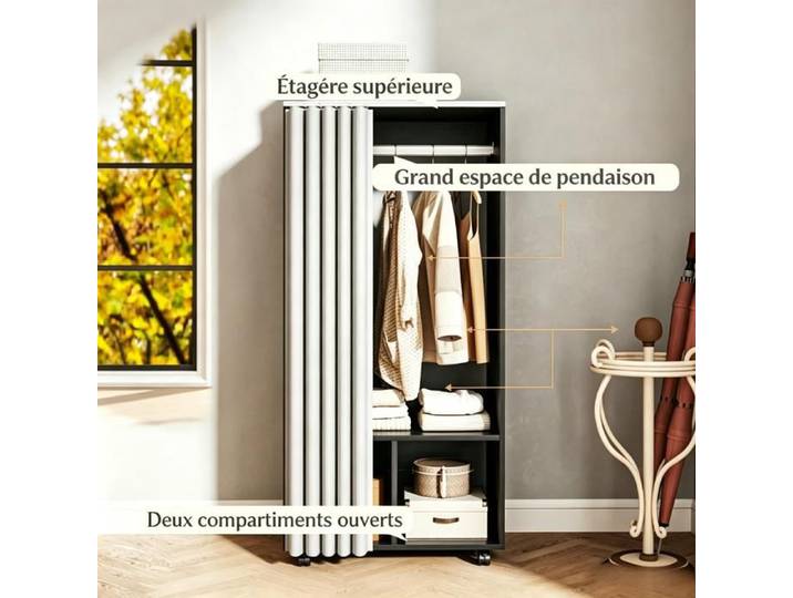 URTR Armoire mobile pratique en panneaux de particules solides rideau occultant idéale pour rangement et suspension des vêtements