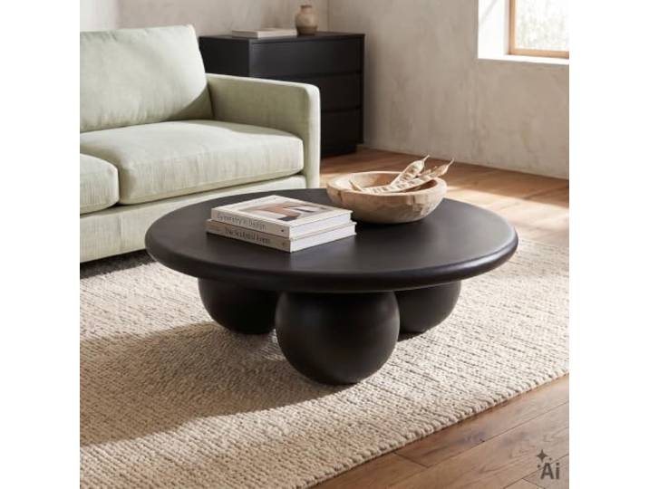 IDIMEX Couchtisch rund SADA Ø 90 cm, Mangoholz - Schwarz 90 x 30 x 90 cm (B x H x T), Massivholz, kugelförmige Beine, runde Tischform, 40 mm starke Tischplatte, modern, Wohnzimmer