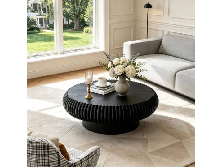 YPDOPORA Runder Geriffelter Couchtisch,Couchtisch aus Holz in Trommelform Runder Couchtisch aus Holz im Mid-Century-Modern-Stil mit stabilem Sockel für kleine Wohnzimmer