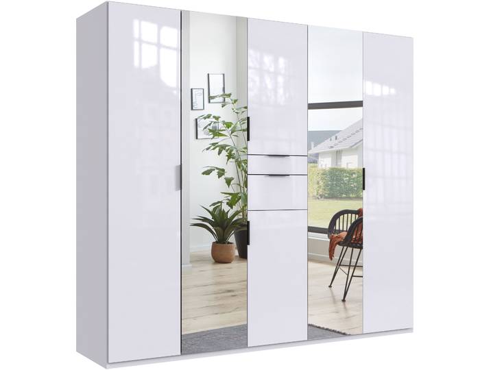 Drehtürenschrank, 225x208 cm, Spanplatte, Weiß Hochglanz, Mit Spiegel, Classic, Wimex