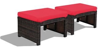 Costway 2 Pieces Patio Rattan Ottomans with Soft Cushion for Patio and Garden-Red