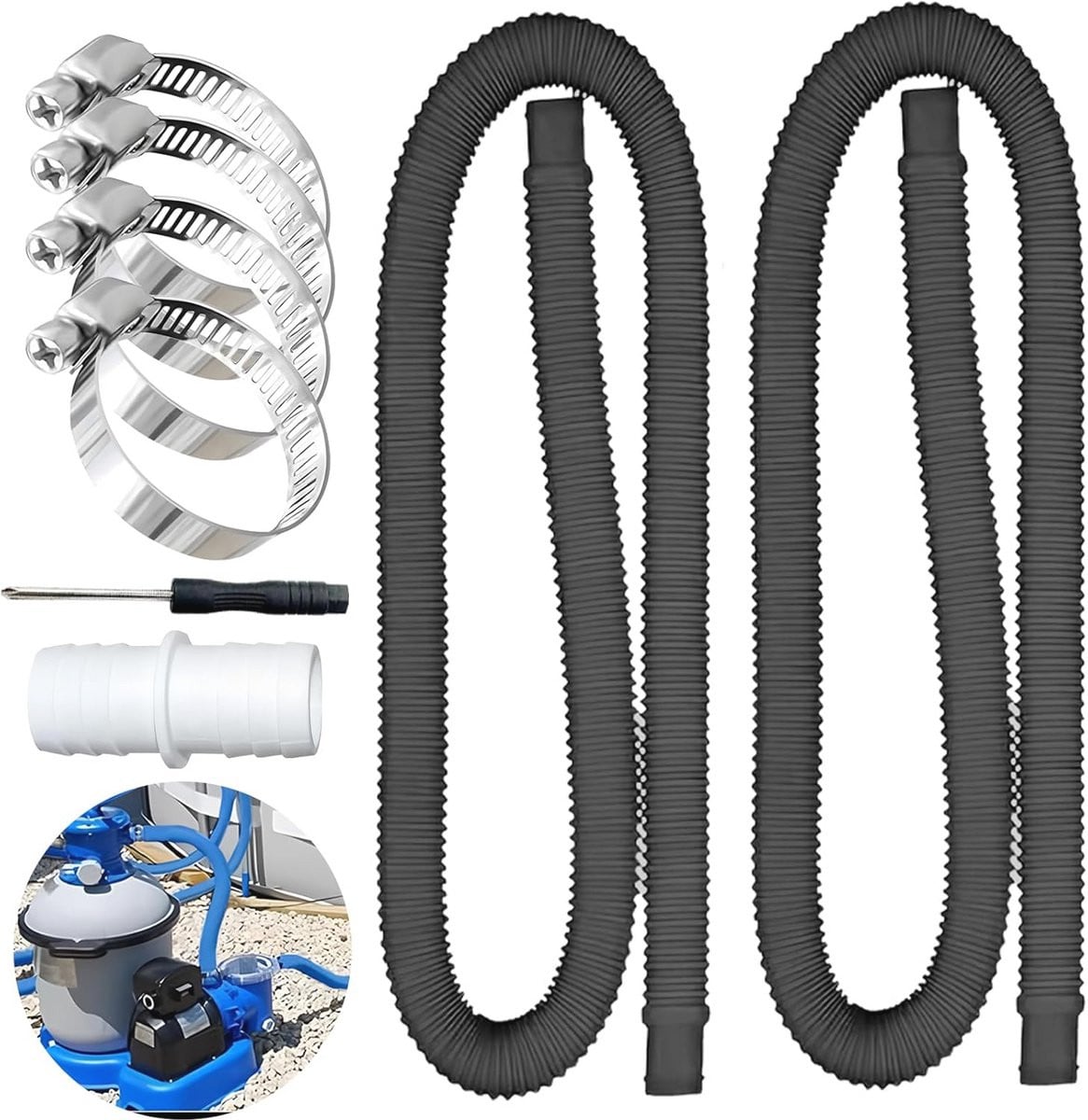 Set van 2 Zwembadslangen van 150 cm met accessoires voor bovengrondse zwembaden, 32 mm