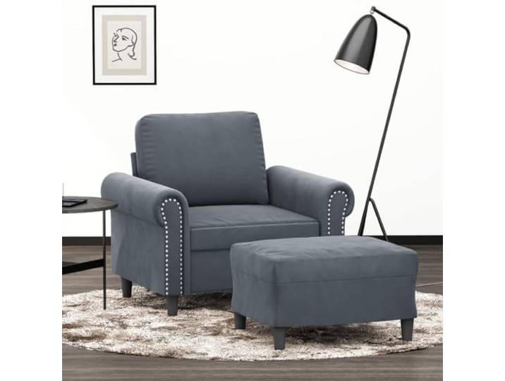 HEFZGDB Dunkelgrauer Samt Sessel mit Hocker 60 cm Breite strapazierfähiger Velours Komfort Polsterung, Robustes Metallgestell und Sitzkissen für Wohnzimmer Entspannung,