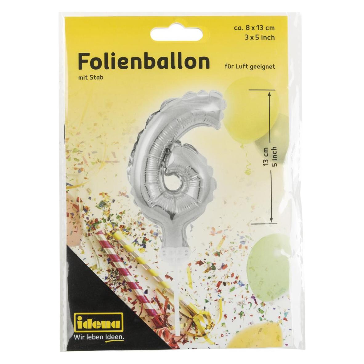 Idena Folienballon Zahl 6 am Stab 13cm silber (1x) (22658361)