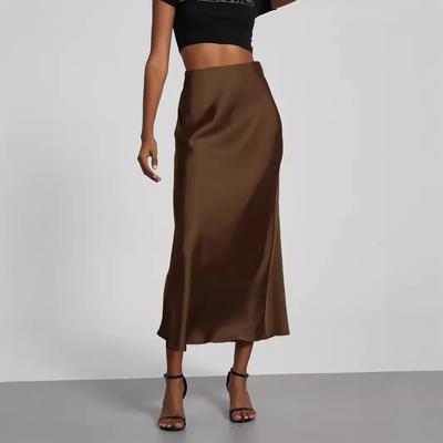 Elegant Womens Midi Skirt, Satin Texture, Versatile Solid Color, Style Fashion s coffee