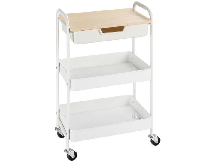 Homcom Rollwagen mit 3 Ebenen Servierwagen mit Griff Ablage Schublade 2 Regalen Weiß, Metall, 1 Schubladen, 30.5x75.6x43.9 cm, Esszimmer, Servierwagen