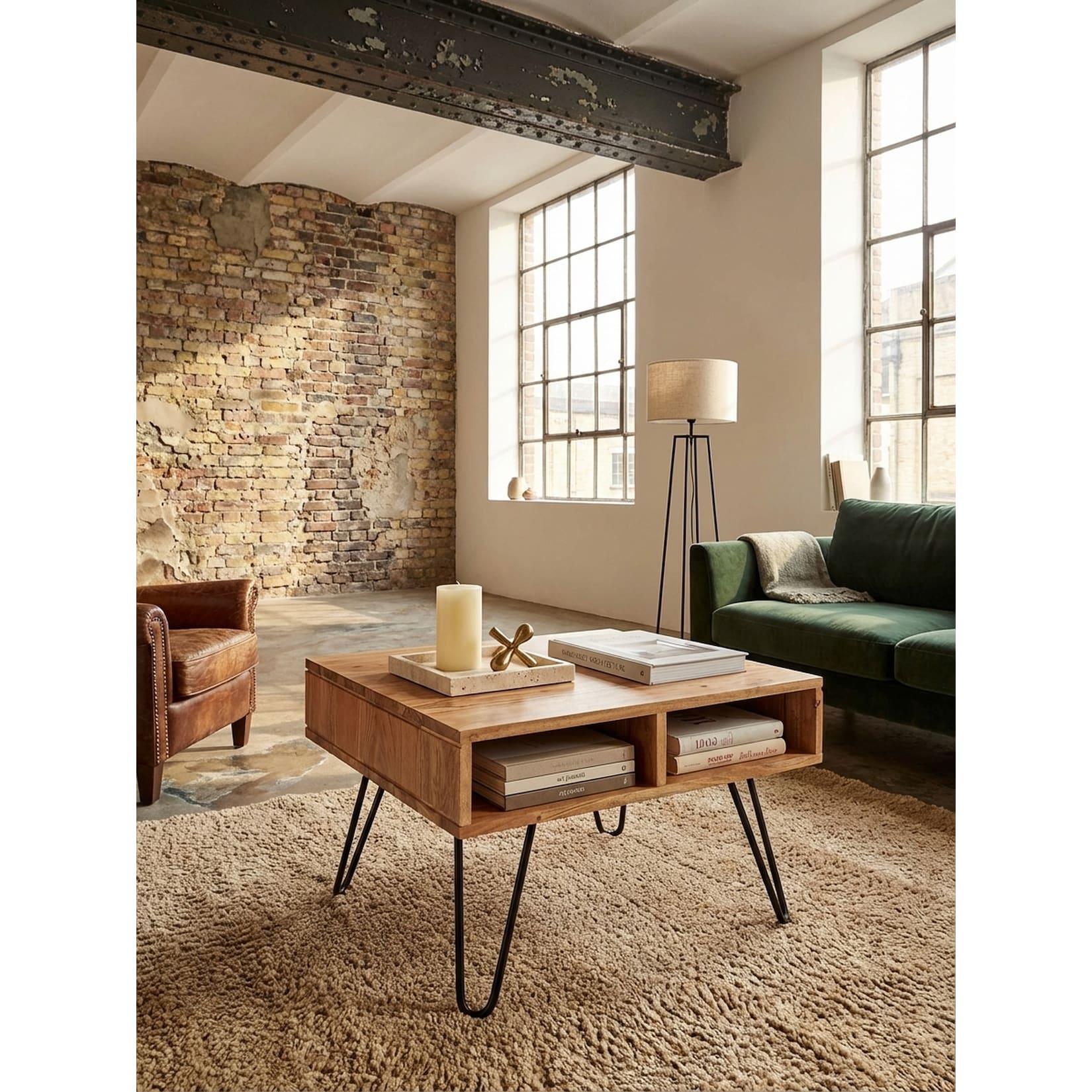 Couchtisch Akazie Massivholz Metall, Quadratisch, 60x60x40cm, Braun mit Stauraum