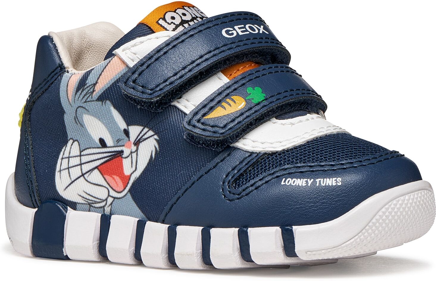 Klettschuh GEOX "B IUPIDOO BOY", Jungen, Gr. 24, blau, Lederimitat, Textil, Schuhe Klettschuh, Freizeitschuh mit Bugs Bunny Motiv, Größenschablone zum Download