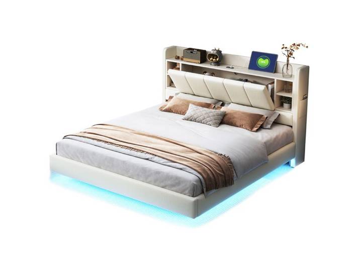Polsterbett 160 x 200 cm Doppelbett mit Leinenstoff USB-Anschluss Lichtleiste und Ablagefächern im Kopfteil