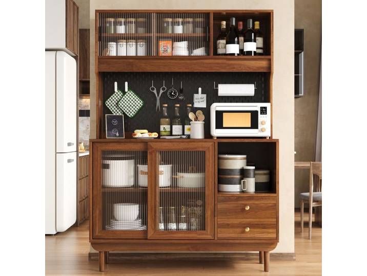 ROVRYN Buffet de cuisine 117 cm portes coulissantes en verre strié panneau perforé 2 tiroirs noyer