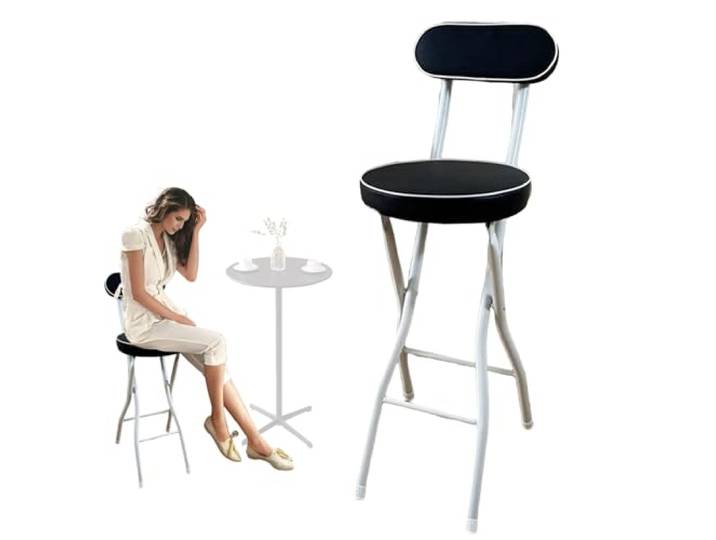 Zusammenklappbarer Barhocker, Gepolsterter Klapphocker Tresenstuhl mit Rückenlehne und Fußstütze, Klapphocker Hoch für Cafe Büro Shop Party , Platzsparend ( Color : Black 1pcs , Size : 55cm/22inch )