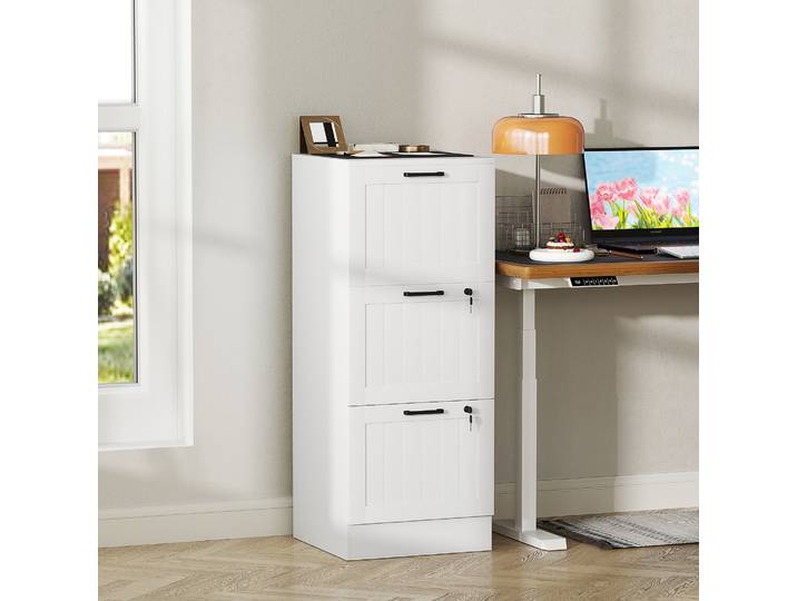 HOMCOM Caisson Bureau Bois 3 Tiroirs Serrure Blanc 40x40x101cm