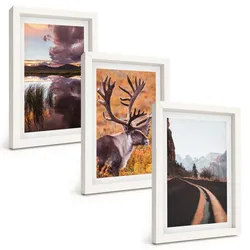 BILDER SET 3er Set - 20x30 cm Weißer Rahmen - Berglandschaften mit Rentieren