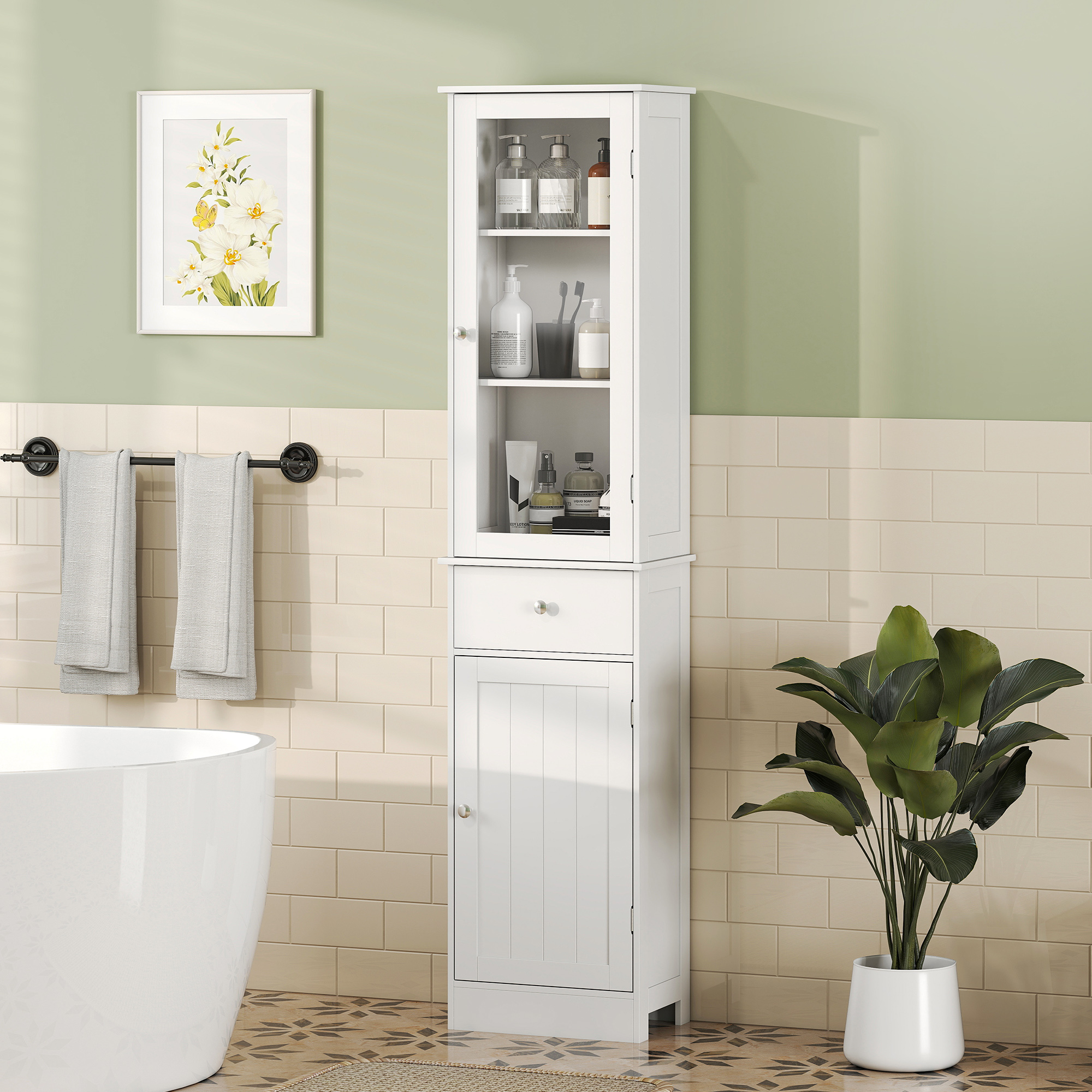Kleankin Colonna Bagno Salvaspazio con 3 Ripiani Superiori, Cassetto e Armadietto, in MDF, 40x27x171.5cm, Bianco Aosom