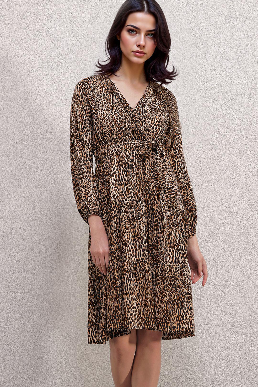 Leren Midi-jurk met Luipaardprint en Strik