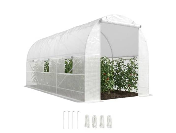 Outsunny Serre Tunnel de Jardin 9m² Porte 6 Fenêtres 445x200x200cm Blanc Serre de Jardin Tunnel\, Toutes Saisons\, Légumes Fruits Fleurs\, Bâche PE Haute Densité 140 g/m²