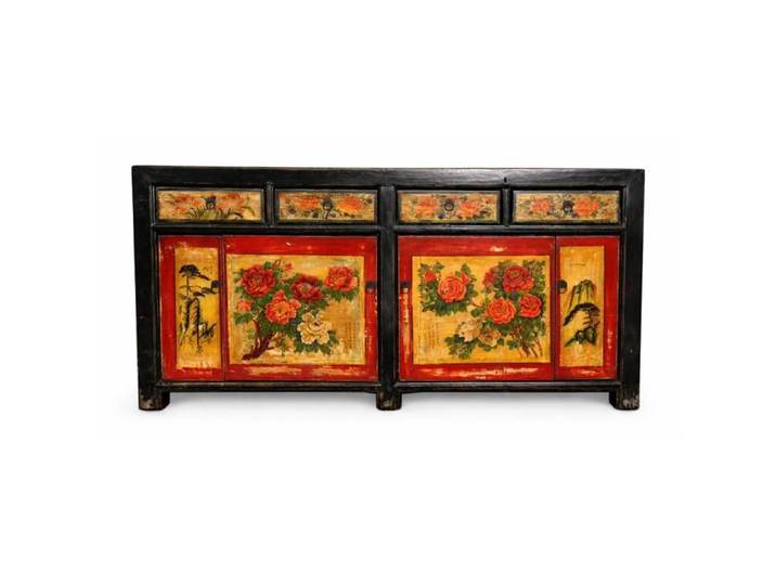Fine Asianliving Buffet Chinois Ancien Noir Rouge Pivoines Peintes à la Main L167xP40xH87cm