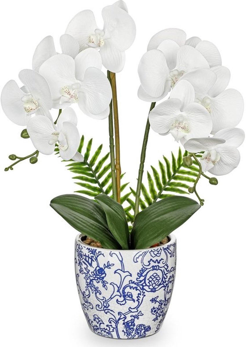 SolidKeus Kunstplant Witte Orchidee in Blauw Witte Keramische Pot, Hoogte: 59,8 cm