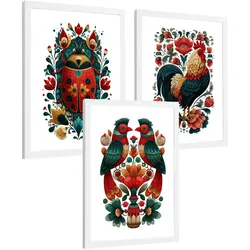 POSTER 3er-Set Kunstdrucke im Folk-Stil, dekorative Tier Blumenmotive, farbenfrohe Kunstposter für Zuhause, Wohnzimmer, Badezimmer Weißer Rahmen A4