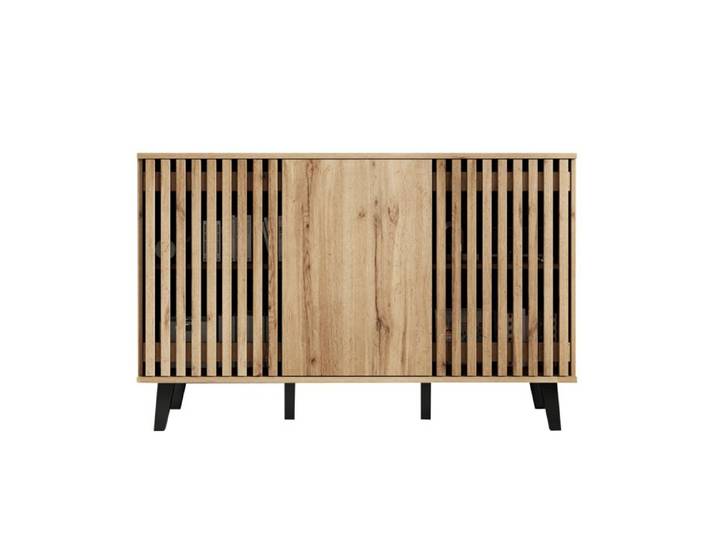 Buffet haut 3 portes – 150 cm – 6 compartiments – décor bois naturel pieds noirs