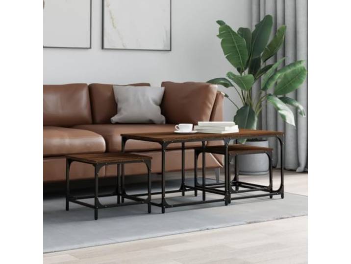 HEFZGDB 3-teiliges Satztisch-Set in Braun mit Eichen-Optik aus Holzwerkstoff für Wohnzimmer und Büro, Industrielles Design, Platzsparend, Langlebig und Vielseitig Nutzbar