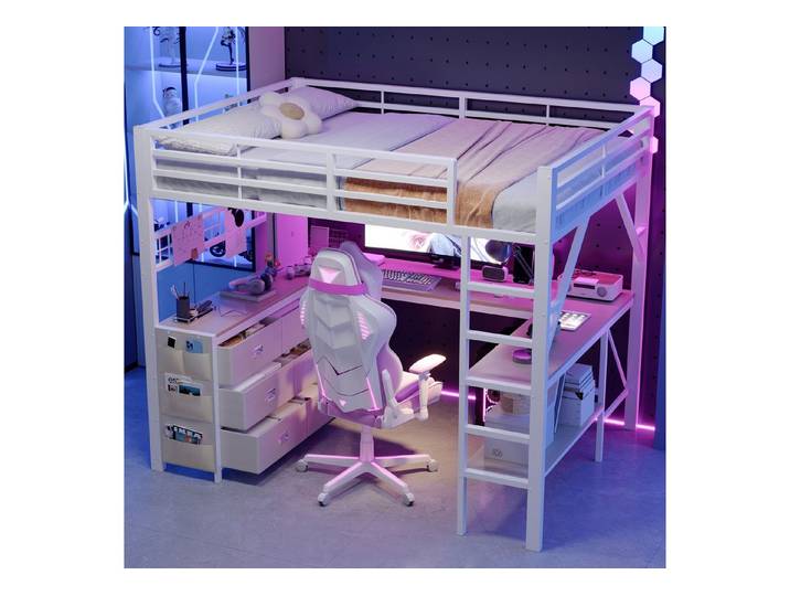 Flieks Hochbett Metallbett 140x200cm mit Schrank, Schreibtisch, Ablage, LED-Leiste