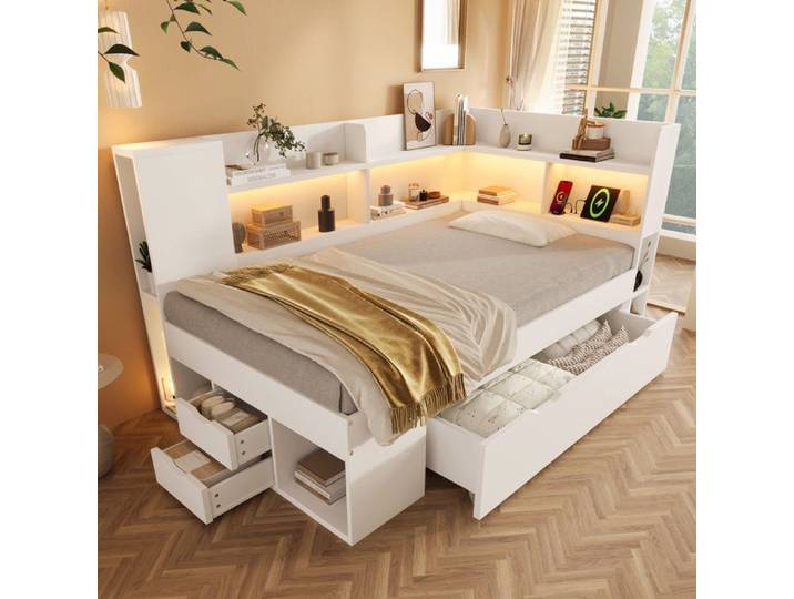 Cadre de lit 90x200 en bois éclairage LED chargeurs USB rangements latéraux