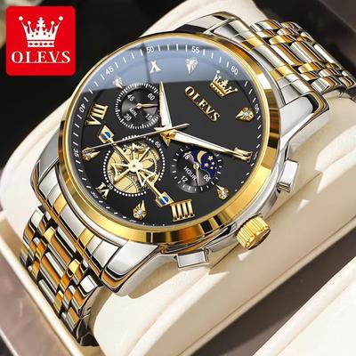 Inspired Finds OLEVS Luxury Chronograph Moon Phase Watch Multifunction Quartz Waterproof Business Wristwatch For Men gold Black