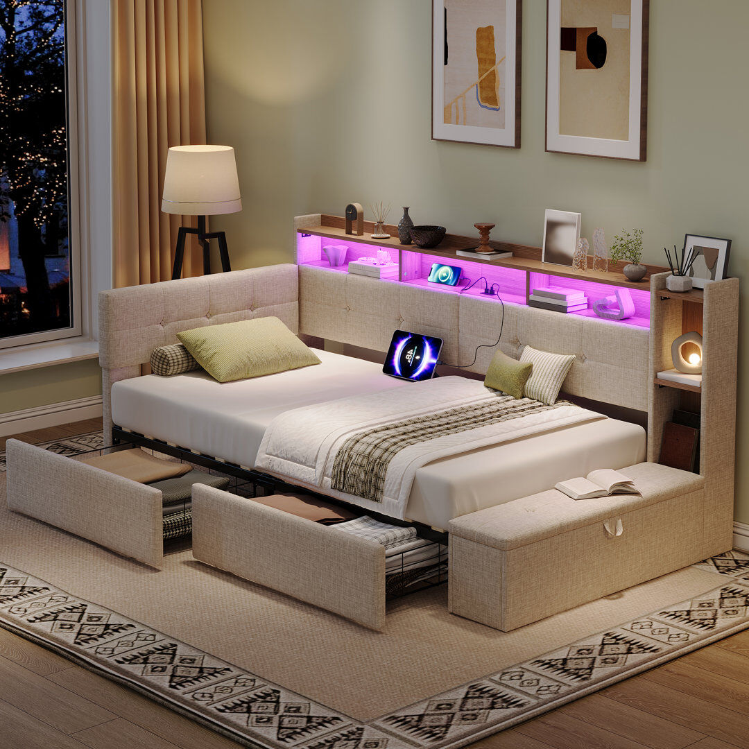 17 Stories Metal Daybed Beige 98cm H X 108cm W X 220cm L