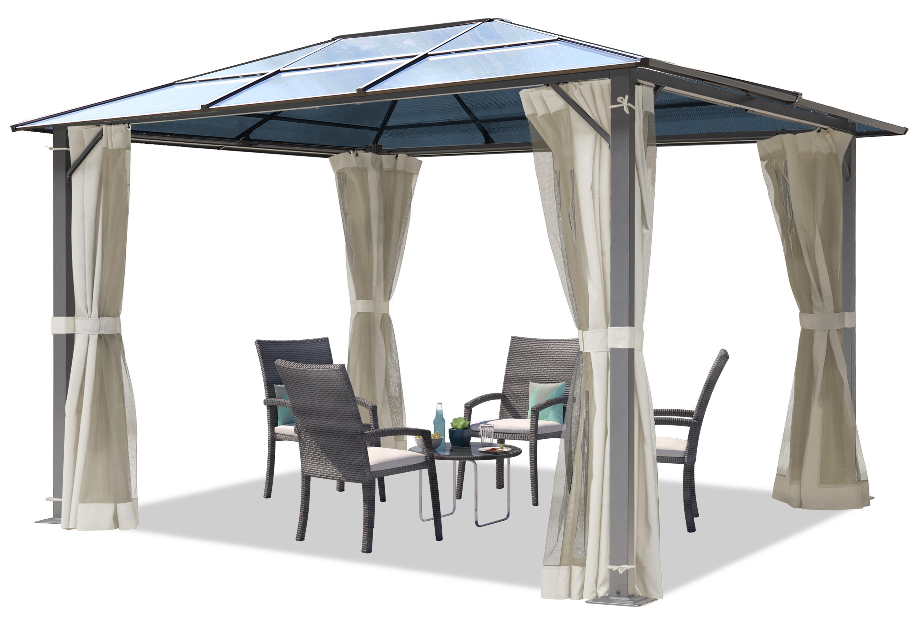 Gartenpavillon 3x3,65 m ca 6 mm Polycarbonat-Dach mit Moskitonetzen und Seitenteilen in crème