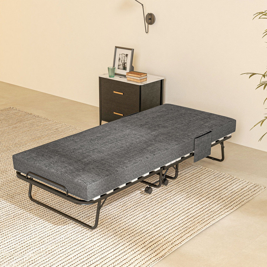 White Noise Dimitris Folding Bed with Mattress Foldable Guest Bed on Wheels w/ Cover Dark Grey