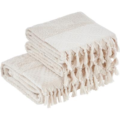 Handtuch Set DONE. "Provence Bohéme", beige, 3 Stk., Walkfrottier, Walkfrottier, Obermaterial: 100% Baumwolle, Handtücher, Uni-Farben, Boho-Style, mit auffälliger Borte & Fransen